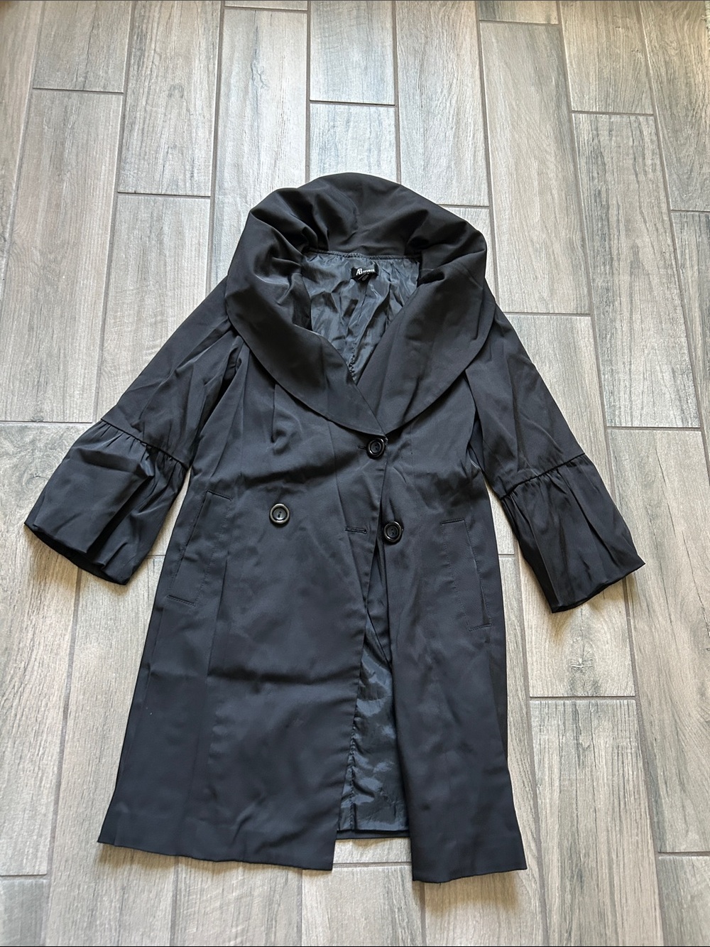 AB Studio Black Double-Breasted Trench Coat with Shawl Collar